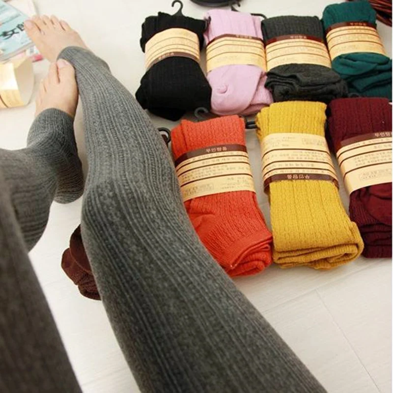 2Pc Women Autumn Winter Pantyhose Cotton Knitted Stocking Candy Color Chunky Ribbed Knitted Leggings Warm Twist Striped Tights