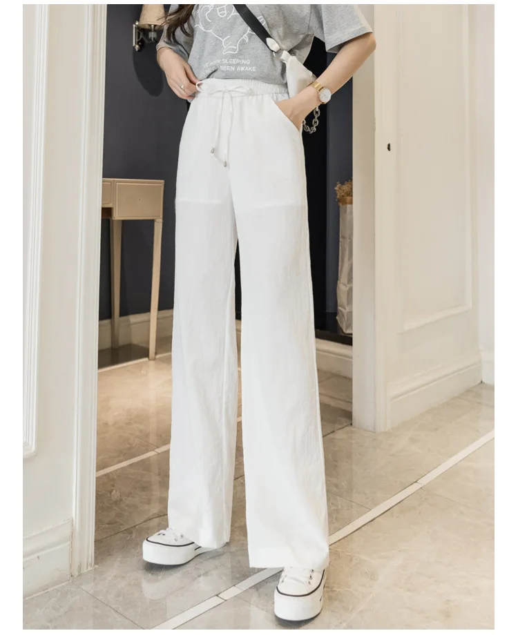 Summer Cotton Linen Wide Leg Pants for Women Pants Full Length Casual Pants Female Solid Loose High Waist Straight Trousers