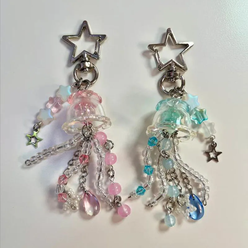 Pink blue matching pastel iridescent jellyfish keychains beaded y2k