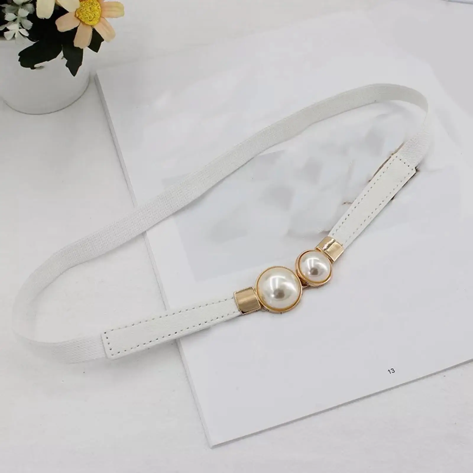 3-6pack Pearl Elastic Belt Thin Leather Women Waist Belt Dress Skirt Decor White