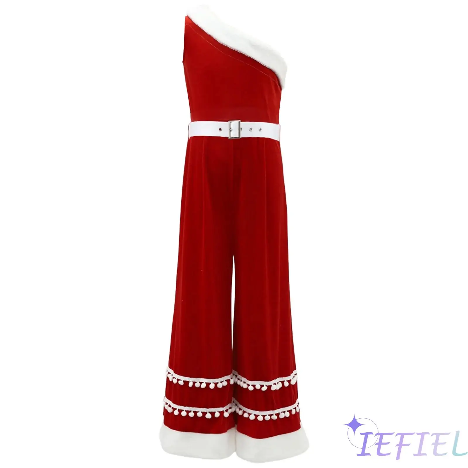 

Kids Girls Christmas Costumes Contrast Color Mini Pompom Side Invisible Zipper Long Pants Santa Claus Jumpsuit with Waistbelt