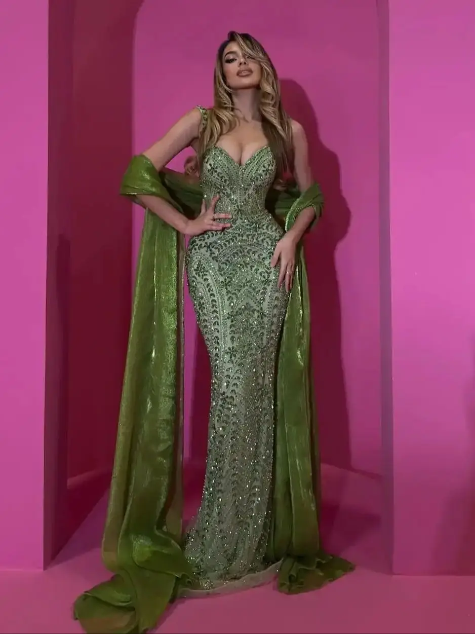 

Ofherown Sparkly Green Beaded Mermaid Evening Gown Sweetheart Neck Formal Dress with Chiffon Shawl Customized Prom Party Gown