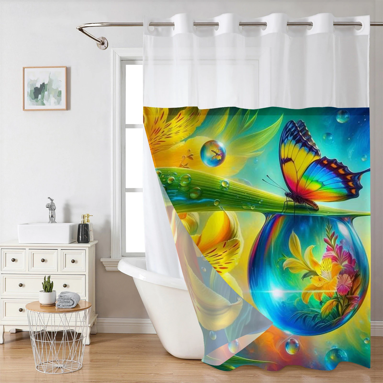 

No Hook Floral peacoc pattern Shower Curtain With Snap-in Fabric Liner Sheer Top Window, Waterproof Double Layer Bathtub curtain