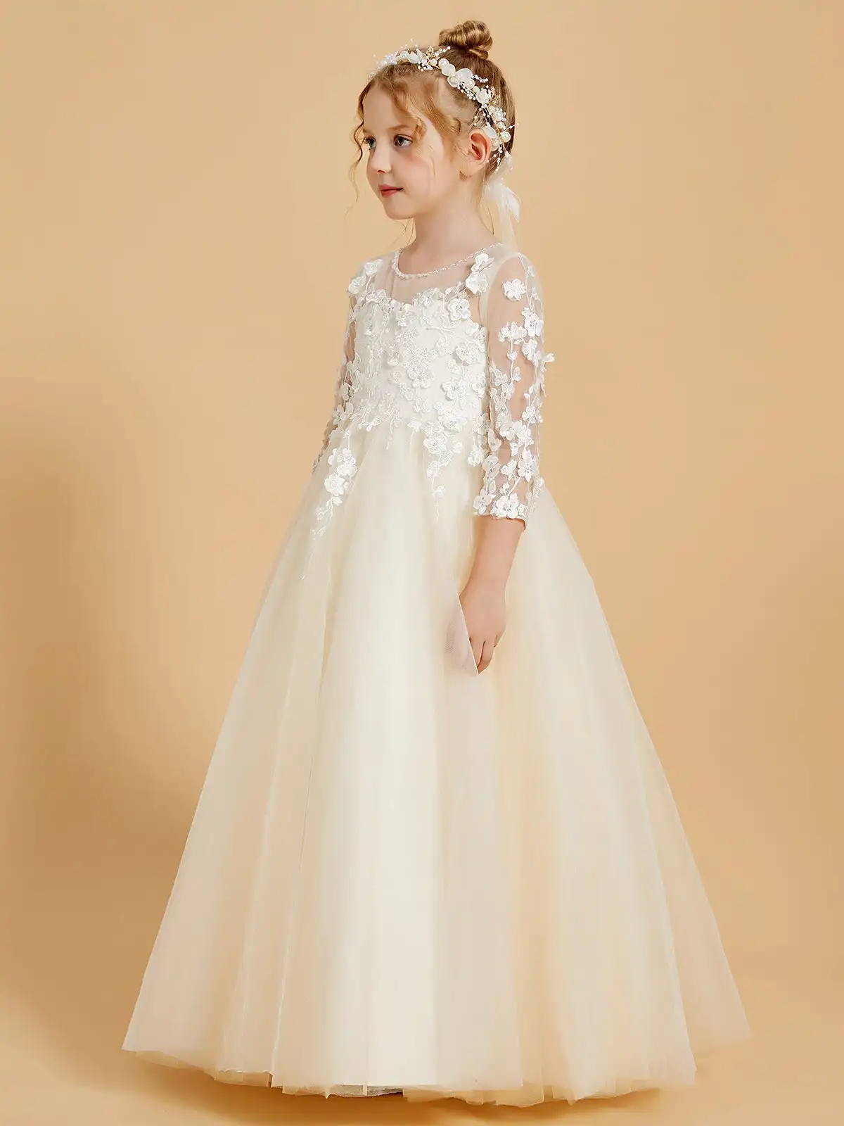 Elegante manga comprida Flower Girl Vestidos com Applique, Vestidos de casamento para crianças, Ruched Joelho Comprimento, Vestidos de festa de aniversário