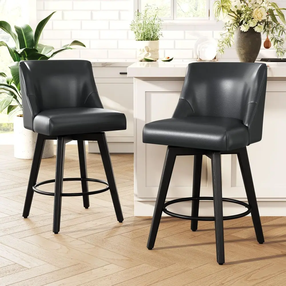 

Height Bar Stools, Upholstered Swivel Barstools Set of 2, Faux Leather Kitchen Counter Stools with Back, Solid Wood Legs, 26 Se
