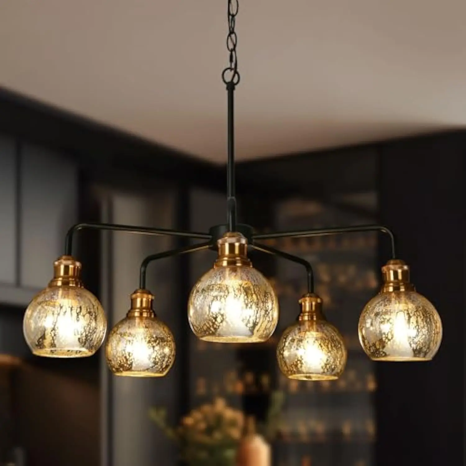 

Chandeliers for Dining Room,5 Light Modern Chandeliers with Globe Mercury Glass Black and Gold Kitchen Island Lights for Livi