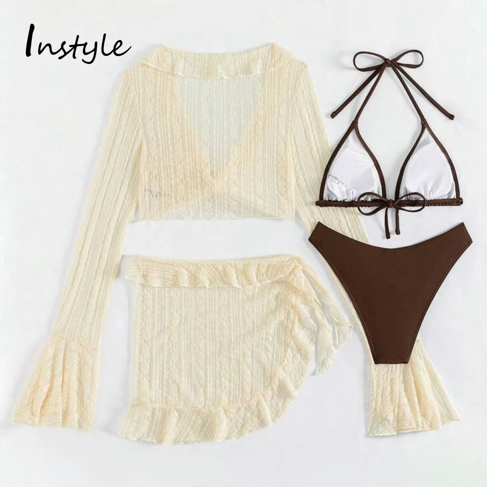 

2025 сексуальный женский купальник из четырех предметов с длинными рукавами, накидка, летний однотонный комплект бикини, бразильская пляжная одежда, вечерние купальный костюм