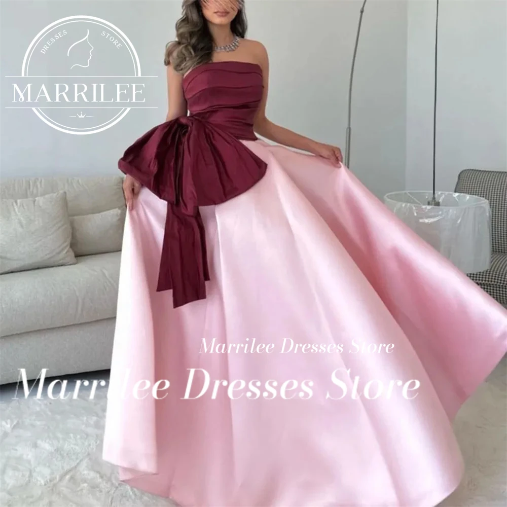 Marrilee Customized Elegant Rose Contrasting Color Stain Prom Gowns Strapless Bow Floor Length A-Line Sleeveless Evening Dress