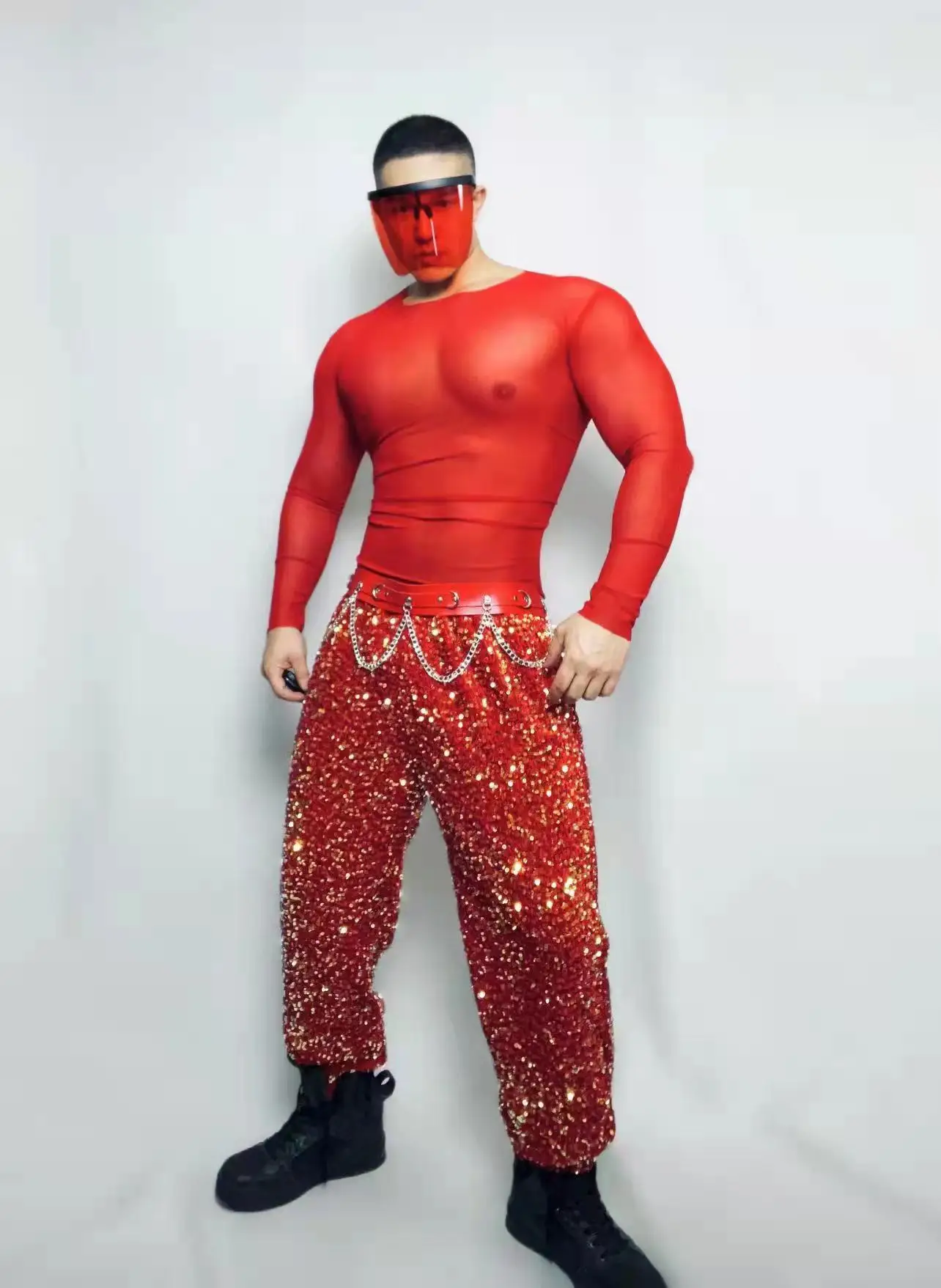 Bar Nightclub Male Gogo Performance Clothes Sexy Stage Wear DJ Dancer Team Party Show Rave Outfits Red Sequin Pants Mesh Tops Se