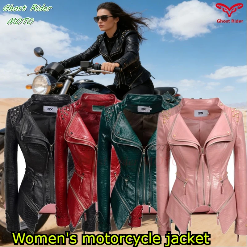 New  spring Autumn Women Pu Jacket Studs Motorcycle Biker Coat Serpentine Lapel Rivet Slim Streetwear Black Punk Outerwear