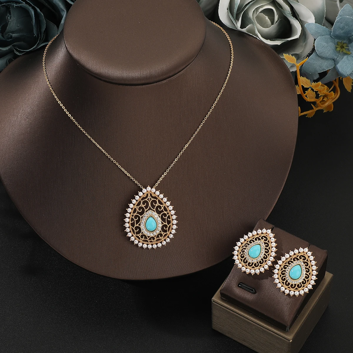 Women Fashion Trendy Zircon Pearl Necklace Earring Set Waterdrop Flower Hollow out Design Wedding Party Jewelry Set ​Accessory