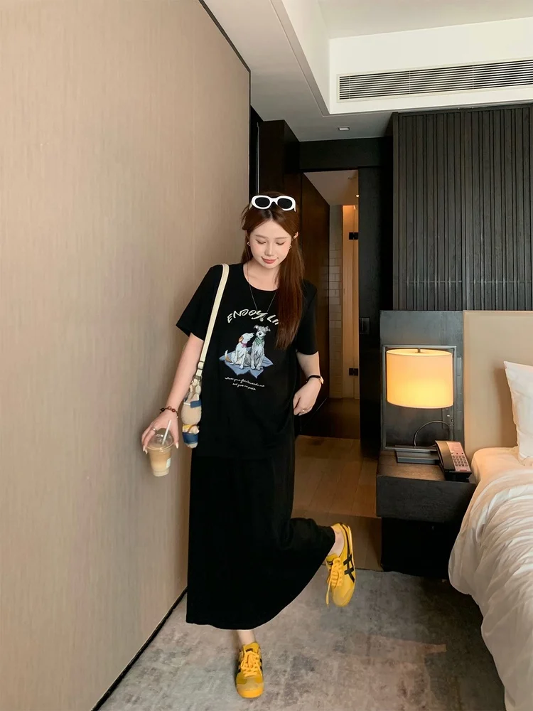 

plus Size Women's Cotton ort Sve T-irt A-Line Skirt Slimming Two-Piece Set Youthful round Ne Summer Faion Ens...