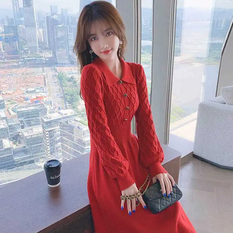 

Women's AutumnWinter 2023 New Light Mature Style Mid Length Style with Coat Sweater Dress Versatile Fit Red Knitted Dresse