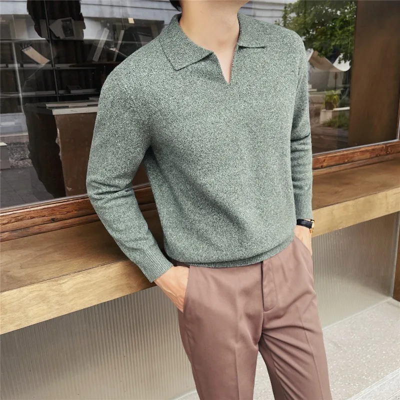 Men Heather Knit Polo Sweater Polyester Polyamide Blend V Neck Long Sleeve Regular Fit Pullover for Autumn Casual Office Wear