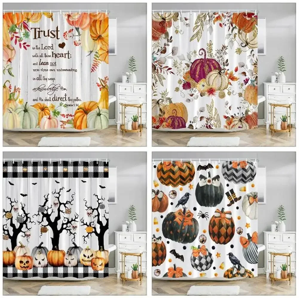 Autumn Pumpkin Bathroom Shower Curtain Gold Harvest Thanksgiving Funny Halloween Polyester Fabric Shower Curtains Bathroom Decor