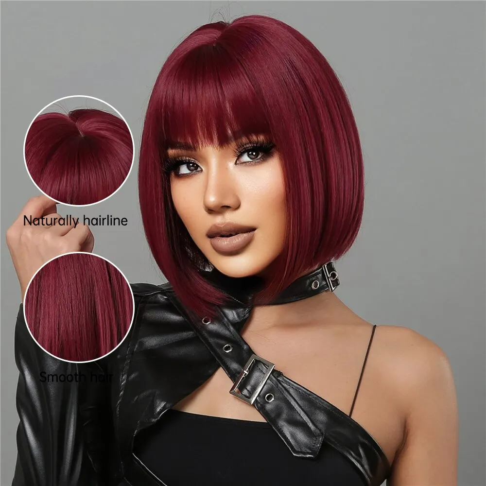 Short Wine Red Bob Wigs For Women Burgundy Bob Wigs With Thick Bangs Heat Resistant Synthetic Wig