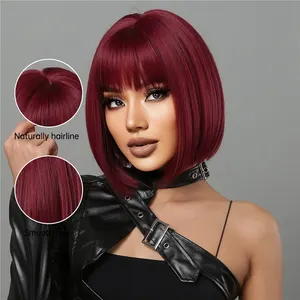 Vinho curto vermelho Bob perucas para mulheres Borgonha Bob perucas com Franja grossa peruca sintética resistente ao calor 10 principais vendas wig com franja vermelha - №6