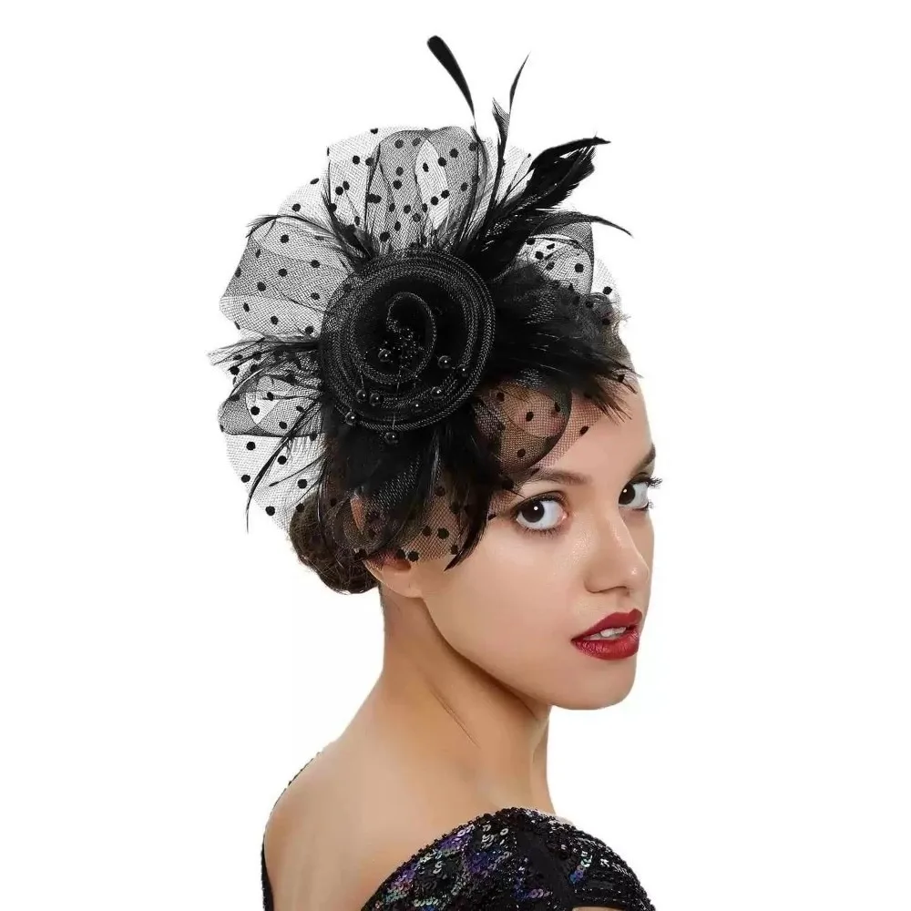 

Fashion Exquisite Feathers Fascinator Hat Polka Dot Elegant Tea Party Mesh Hair Band Hair Hoop Sweet Bride Headdress Photography