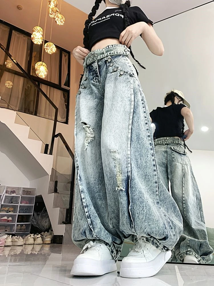 Women's Lantern Baggy Wide Leg Jeans Cool Girl High Waisted Streetwear Fashion Pants Female Loose Casual Denim Trouser