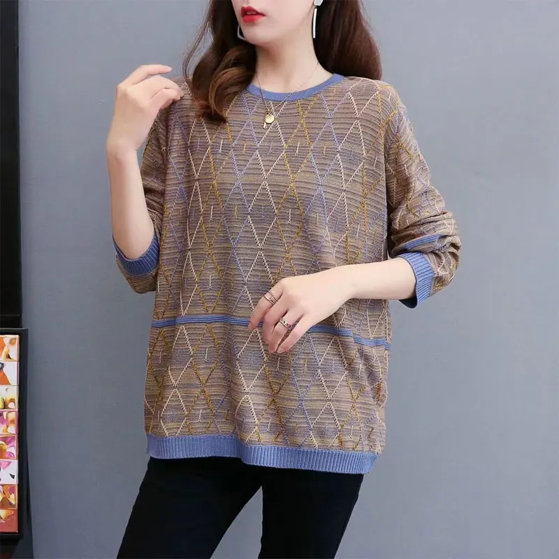 

Female Clothing Plaid Knitted T-shirt Casual Round Neck 2023 Autumn Winter Long Sleeve Vintage Patchwork Commute Loose Pullovers