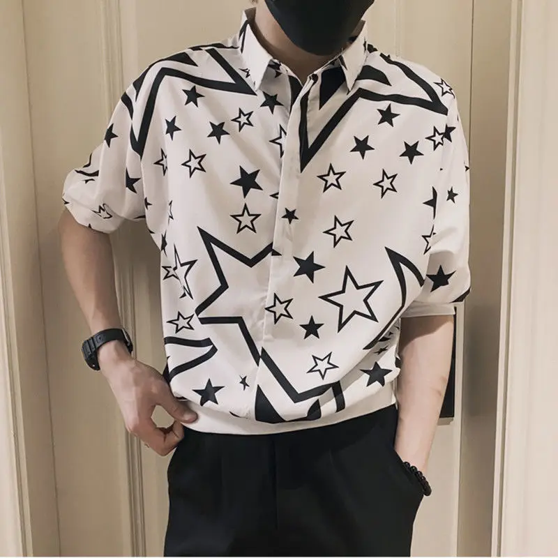 Elegant Fashion Harajuku Slim Fit Ropa Hombre Loose Casual All Match Shirt Pointed Collar Printed Button Middle Sleeve Blusa