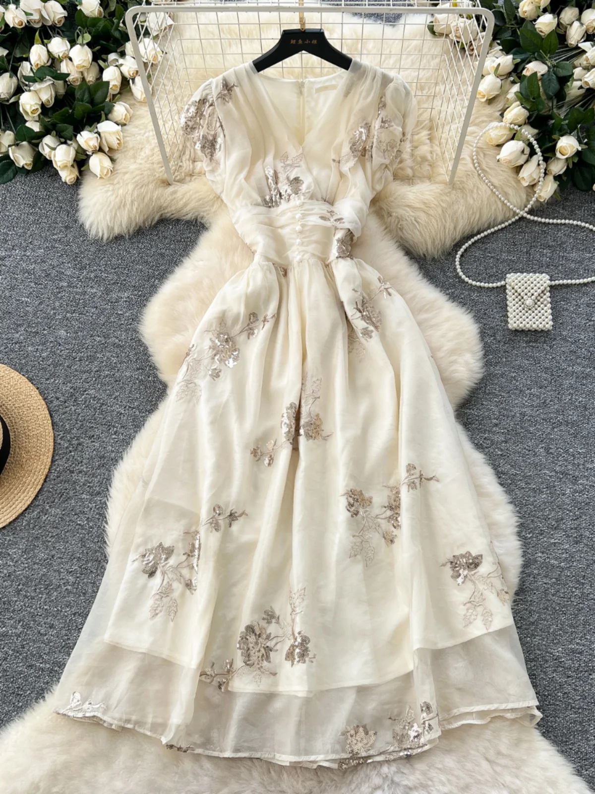 우아한 브이넥 자수 슬림 롱 드레스 여성 레트로 궁정 스타일 휴가 드레스 하이웨이스트 A라인 반팔 드레스