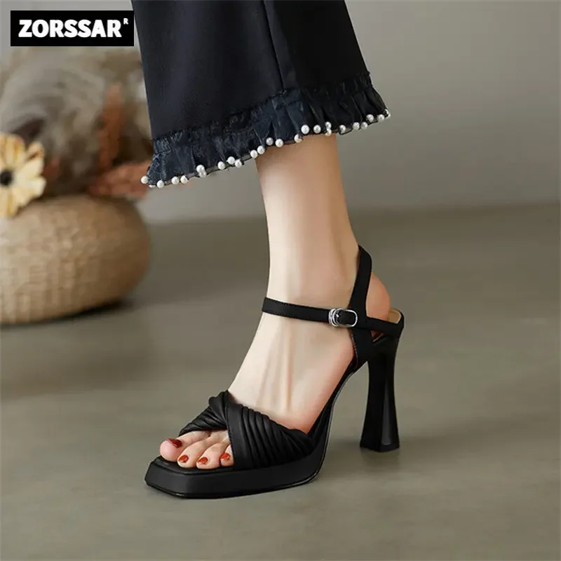 Real Leather Women Elegant High Heel Sandals Shoes 2024 New Summer Pumps Platform Sandal Roman Stiletto Heels Peep Toe Sandals