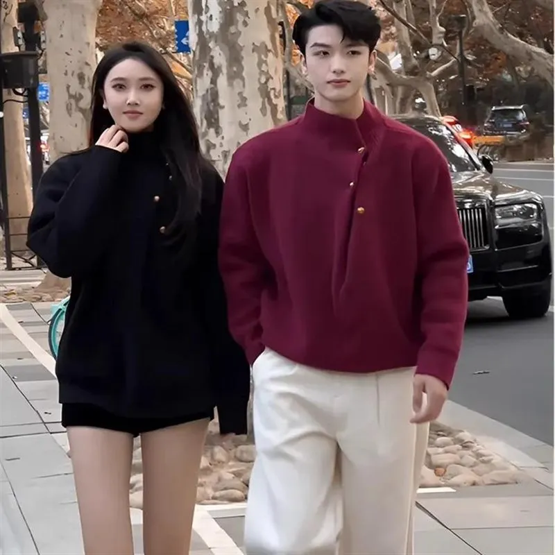 

Red Heavyweight Half High Neck Knitwear Men's Style Autumn Winter Lazy High-End Feeling Sweater Couple's Thickened Outerwear