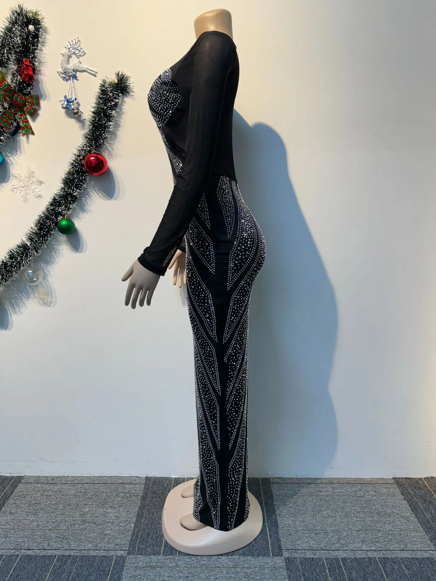 Sexy Diamonds Perspective Long Dresses Robe  Bodycon Party Vestido African Women\'s Clothing Black Evening Gown