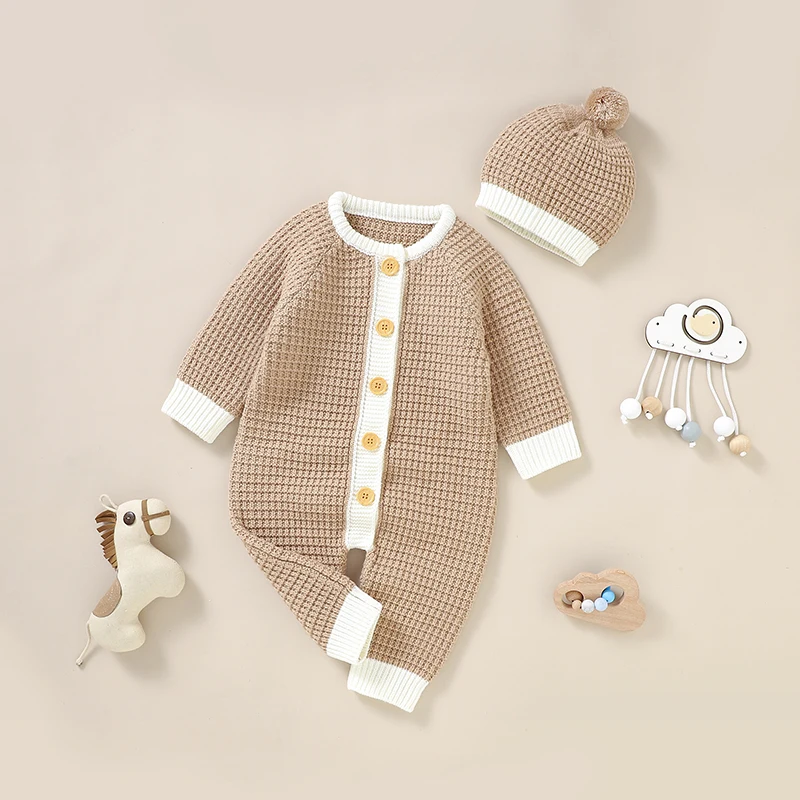 

Winter Newborn Baby Rompers Autumn Solid Long Sleeve Knitting Infant Boys Girls Jumpsuits Hats Clothes Sets 2pcs Toddler Outfits