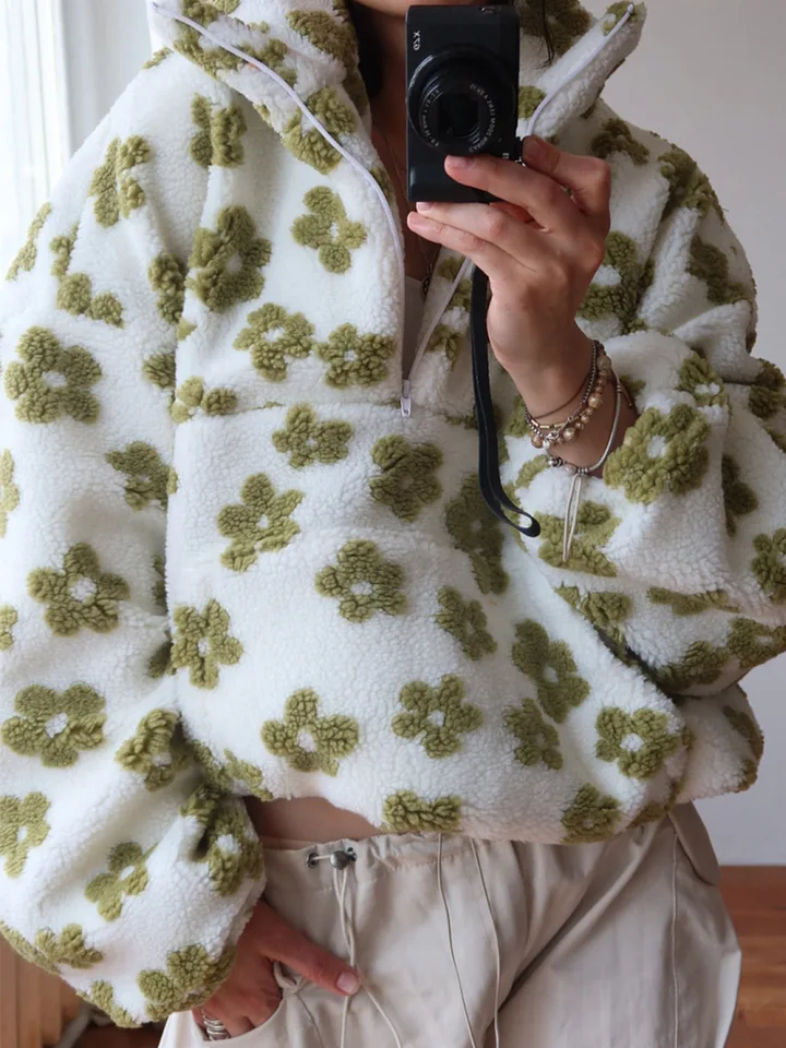 Sudadera con Capucha Nueva para Mujer Otoño Invierno, Sherpa Floral, Medio Cierre, Suelta, Cálida y Elegante 6