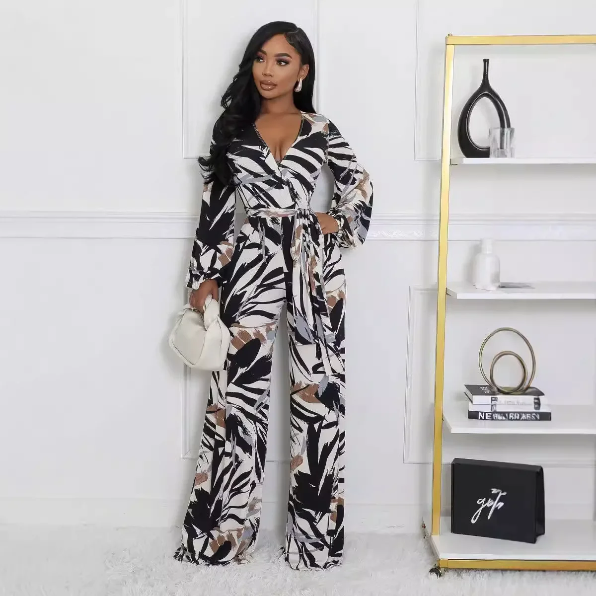 

Fashion Print Wide Leg Straight Jumpsuits Women 2024 Autumn Full Sleeve V-neck Playsuits Sexy Party Club Overall Streetwear