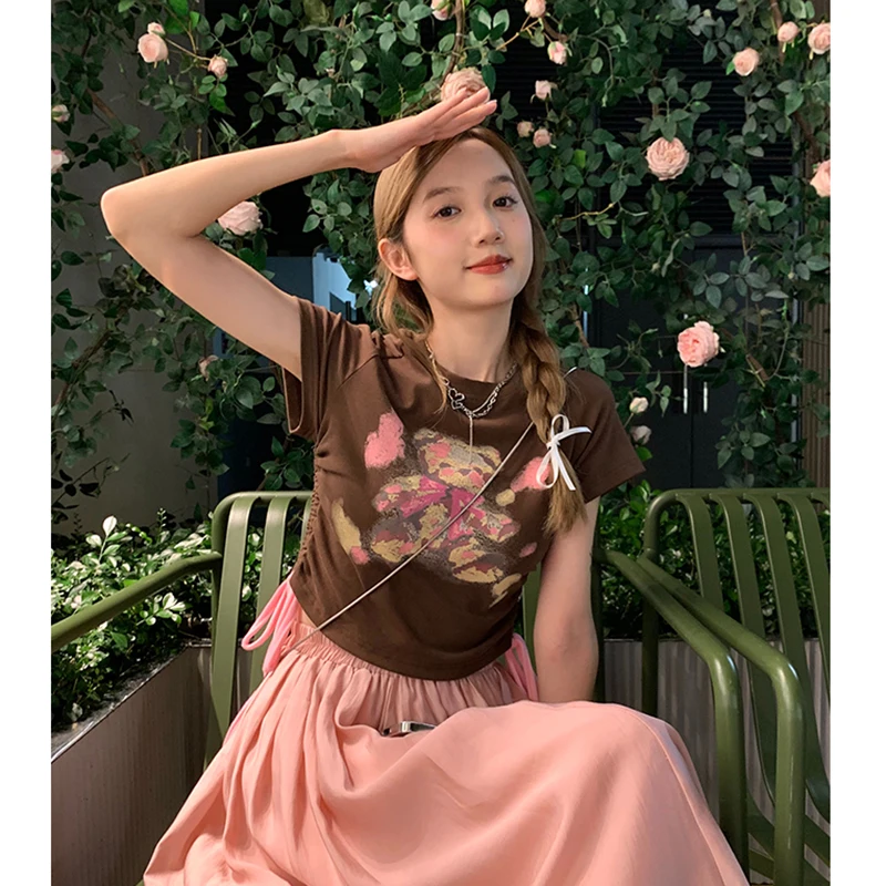 Women T Shirt Korean New Summer Bear Short-sleeved Drawstring Y2k Tops Sweet Cute Casual Versatile Short Tees Female