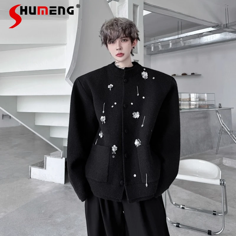 

2025 Autumn Winter New Round Neck Beaded Embroidered Tops Knitted Single-breasted Sweater Jackets Men's Trendy High-End Cardigan