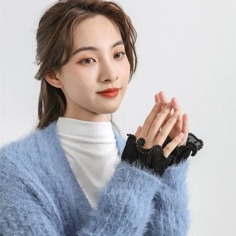 Handmade Beads Shirt Detachable Cuffs Extension for Womens Dress Fake Cuff Sleeves Elastic Wild Wrist Pleated Fake Sleeves