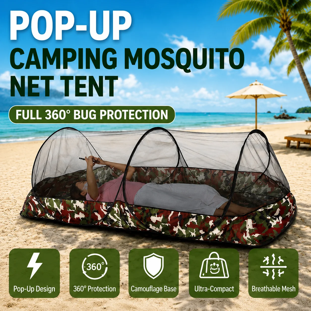 Pop-Up Camping Mosquito Net Tent Portable No Installatio with Camouflage Base for Travel Outdoor Use Full 360° Bug Protection