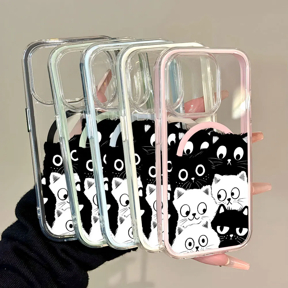 Black White Cartoon Cat Clear Soft Phone Case For Samsung Galaxy S26 S25 S23 FE S24 Ultra Plus A57 A56 A36 A55 A17 A16 A06 Cover