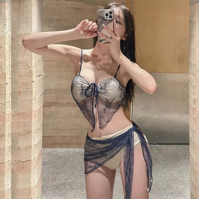 

sexy lace print mesh bikinis sets 3pcs front tie vest swimsuits with long cover skirt swimwear beach outfits biquini tankini