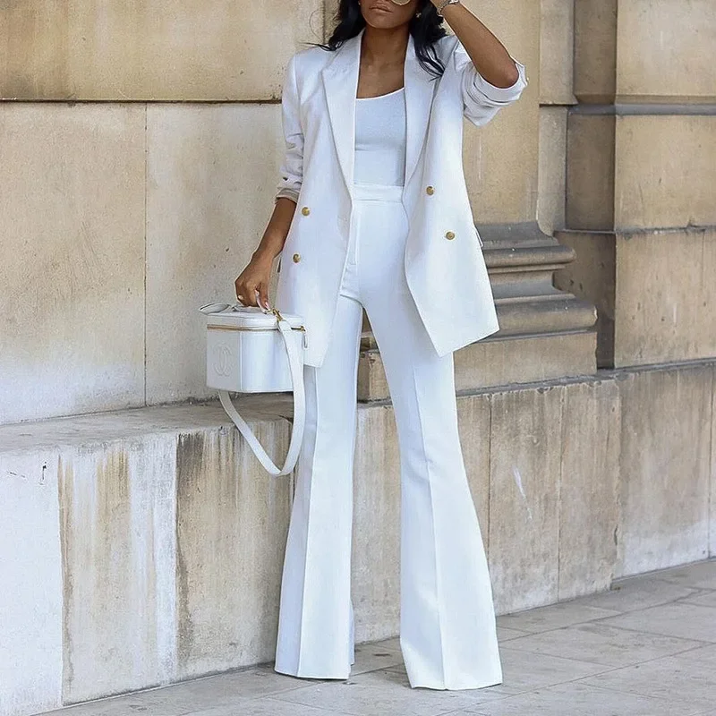 

Elegant Women Double Breasted Long Sleeve Blazers with Pocket and Flare Pants Suit Matching Two 2 Piece Set Outfits