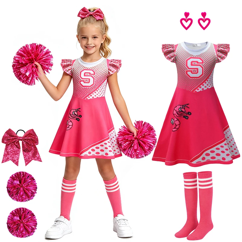 Girls Pink Cheerleader Fancy Dress Halloween Cosplay Zombies Carnival Birthday School Celebration Children Cheerleading Uniform