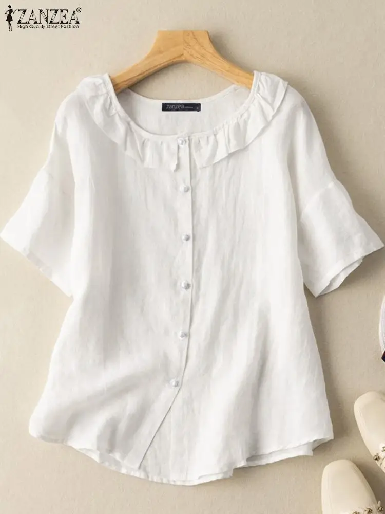 ZANZEA Fashion Women Solid Ruffle Tops Vintage Cotton Blouse Casual Short Sleeve Shirts 2023 Summer O Neck White Camisa Oversize