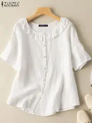 ZANZEA Vintage Cotton Blouse Fashion Women Solid Ruffle Tops Casual Short Sleeve Shirts 2024 Summer O Neck White Camisa Oversize