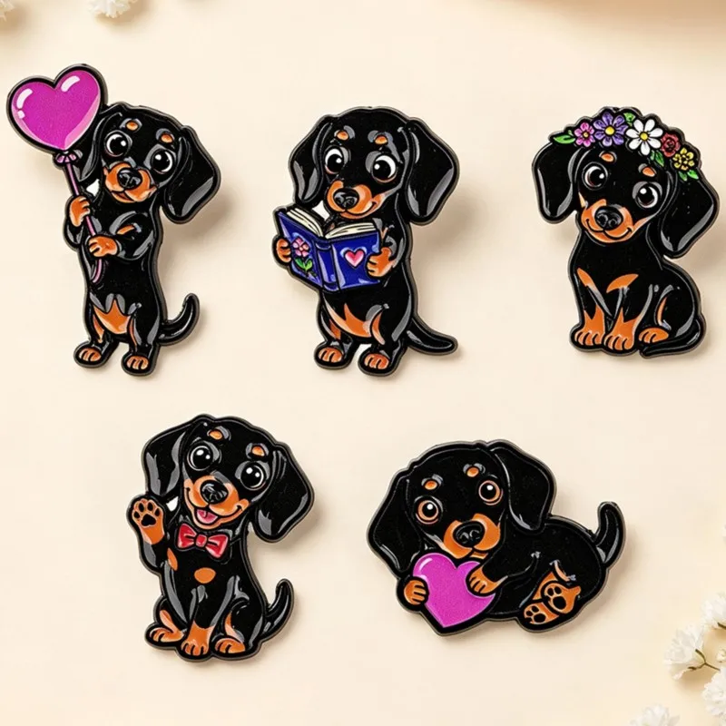 5pcs Cute Dachshund Enamel Pin Set Heart Flower Book Bow Dog Cartoon Brooch Backpack Hat Clothes Accessory Animal Lovers Gifts - view 6