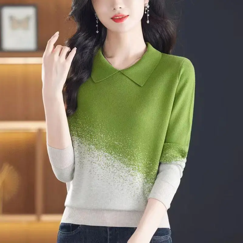 Women's Korean Fashion Contrast Color Polo Collar Knitted Sweater Elegant Long Sleeve Loose Pullovers Autumn Chic All Match Tops