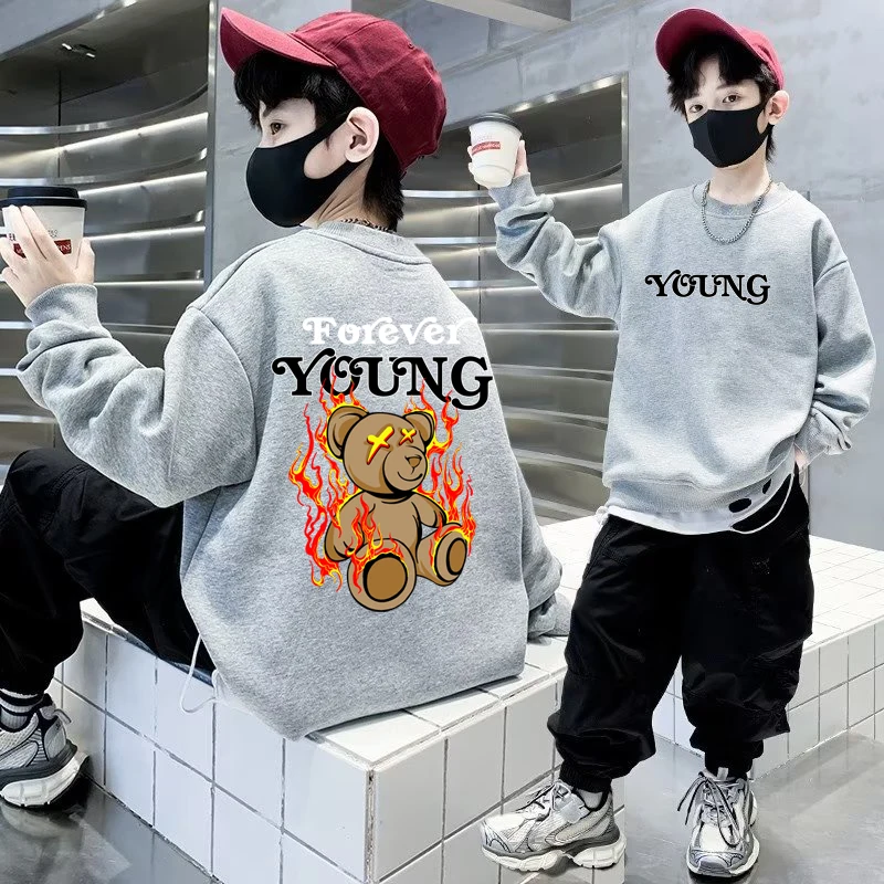 Boys Cotton Sweatshirts 6-12T Autumn Long Sleeved Cartoon T-shirt for Kids Grey Trendy Printed Sportswear Children's O Neck Top