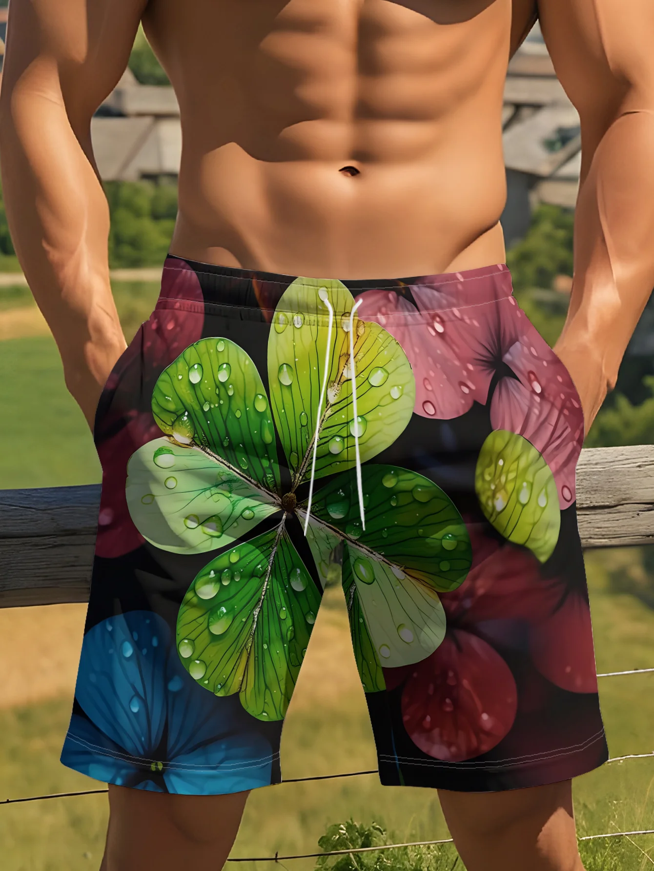 Mens Ocean Coral Shell Print Quick Dry Drawstring Summer Beach Swim Board Shorts