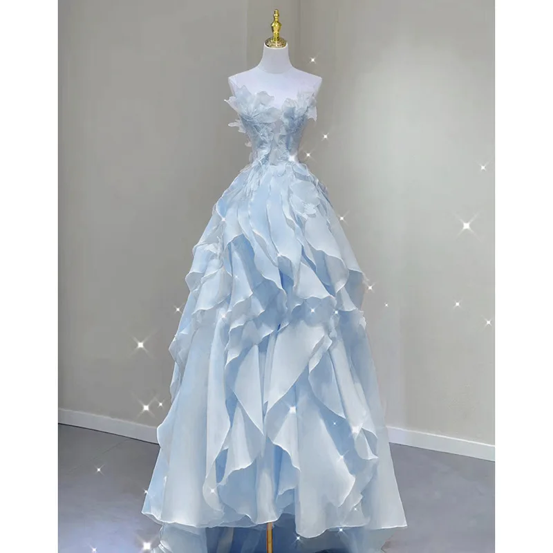 

Elegant Blue Strapless Evening Dress Women New Fresh Sweet Ruffles Temperament Banquet Party Gown Luxury Exquisite Prom Dresses