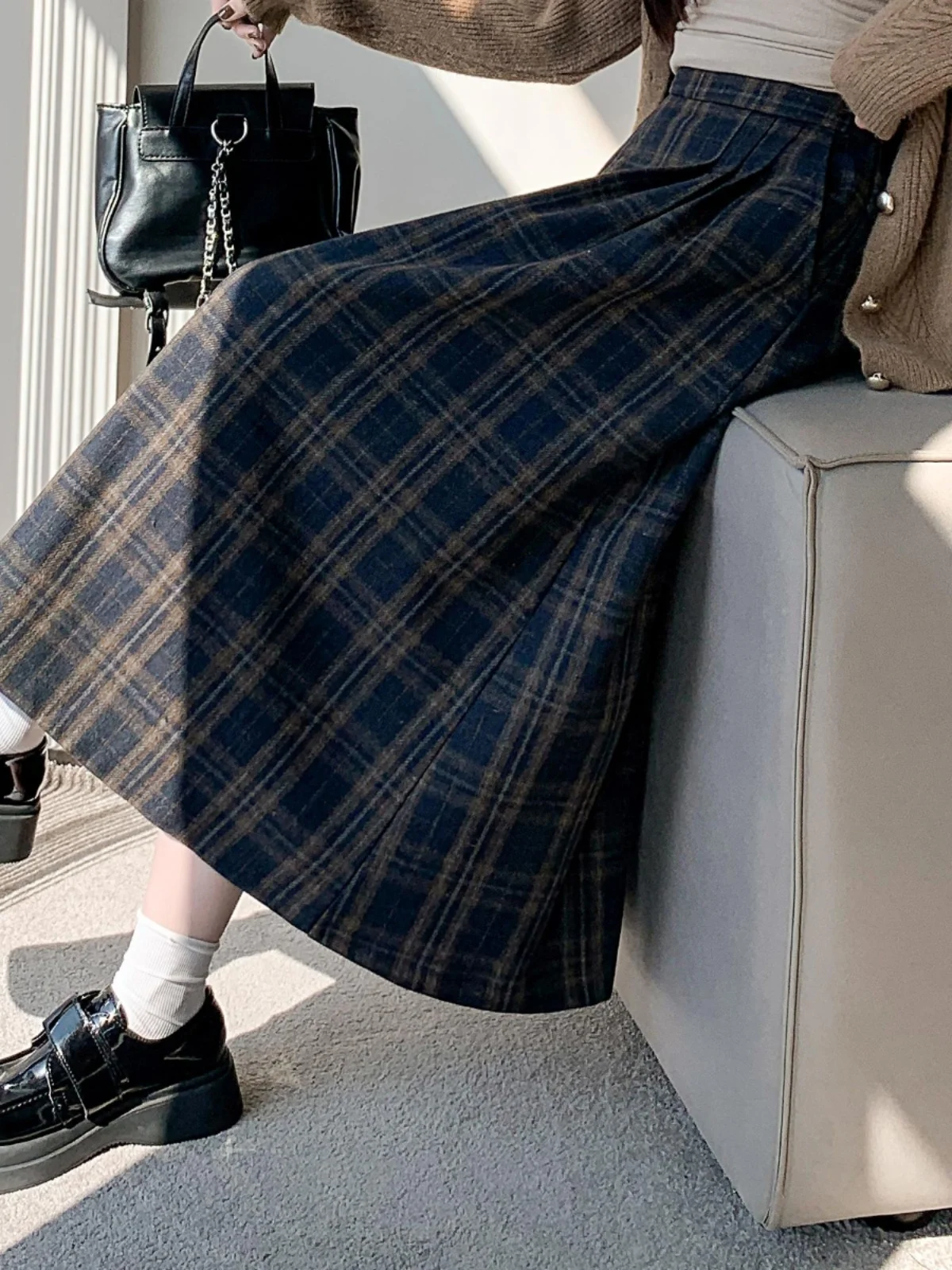 Jupe longue plissée en laine mélangée à carreaux vintage pour femmes, streetwear taille haute, ligne A, printemps, automne