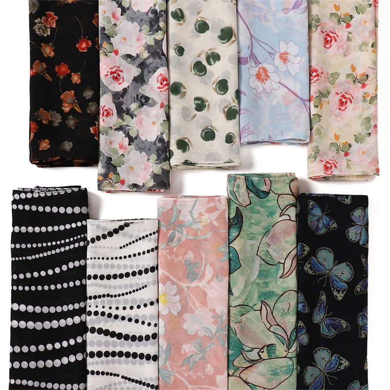 175*70cm Chiffon Hijab New Floral Butterfly Print Long Scarf Wrapped Scarf Muslim Women's Hijabs Shawl