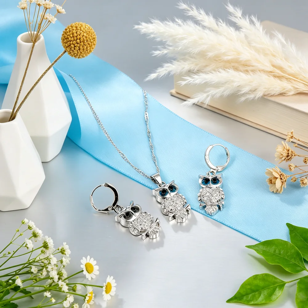 Lively Design Owl Pretty Shape 925 Sterling Silver Fashion Jewelry Set Cubic Zirconia Women Pendant Necklace Earrings